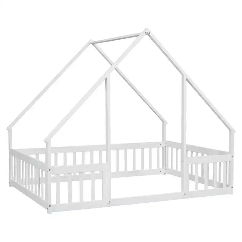 Zeus & Ruta Full Wood House-Shaped Floor Bed with Fence, Guardrails