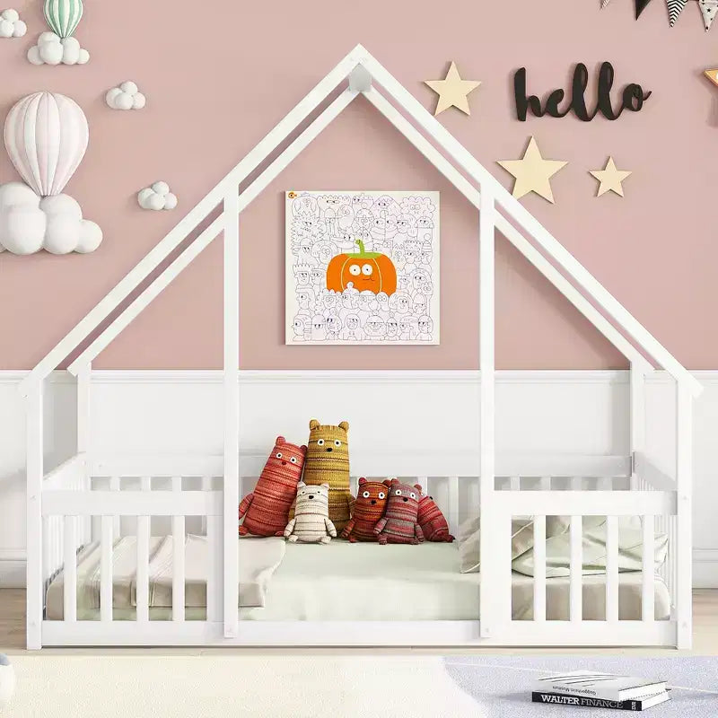 Zeus & Ruta Full Wood House-Shaped Floor Bed with Fence, Guardrails