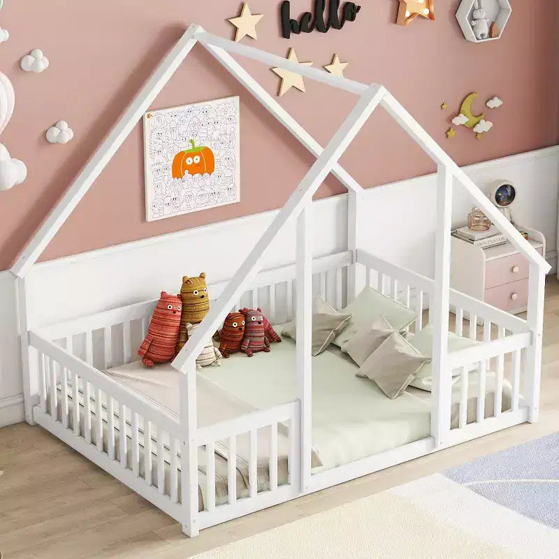 Zeus & Ruta Full Wood House-Shaped Floor Bed with Fence, Guardrails