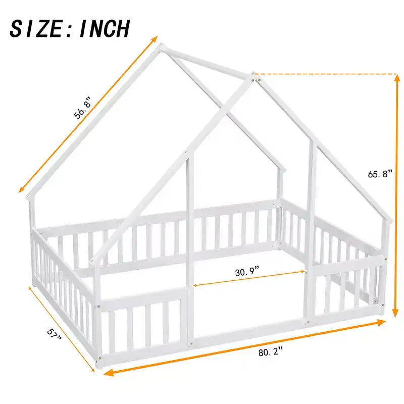 Zeus & Ruta Full Wood House-Shaped Floor Bed with Fence, Guardrails