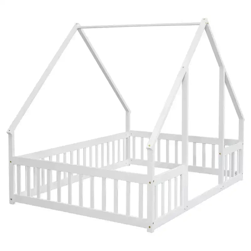 Zeus & Ruta Full Wood House-Shaped Floor Bed with Fence, Guardrails