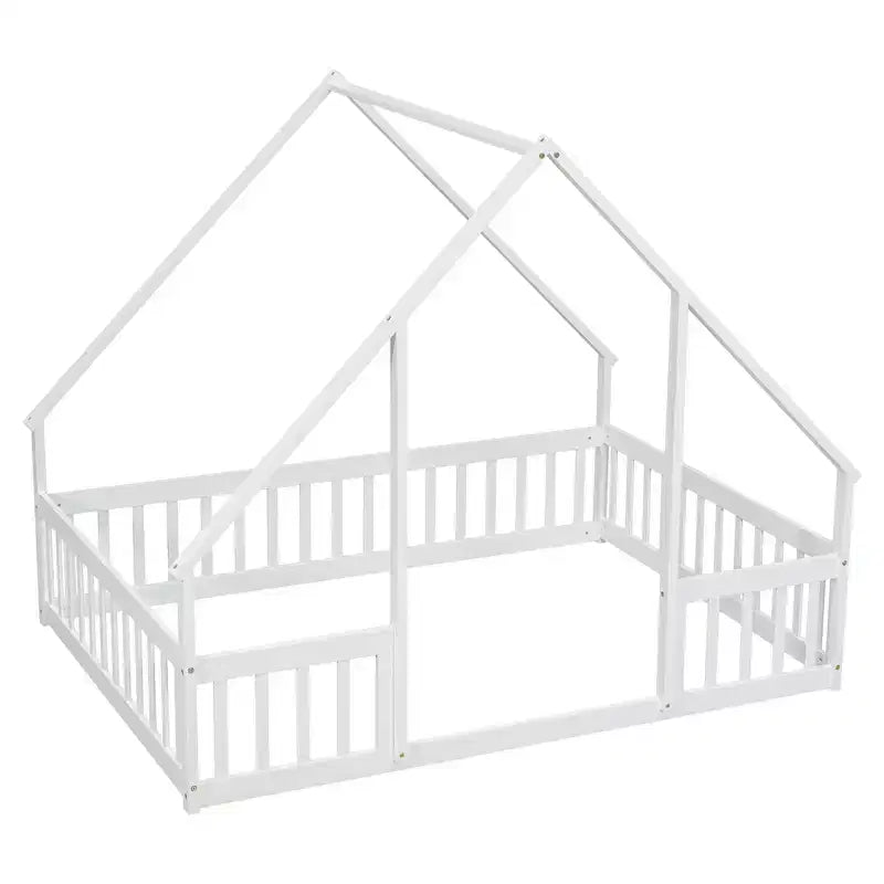 Zeus & Ruta Full Wood House-Shaped Floor Bed with Fence, Guardrails