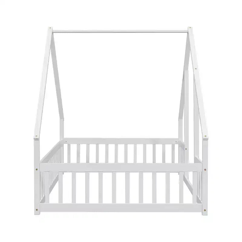 Zeus & Ruta Full Wood House-Shaped Floor Bed with Fence, Guardrails