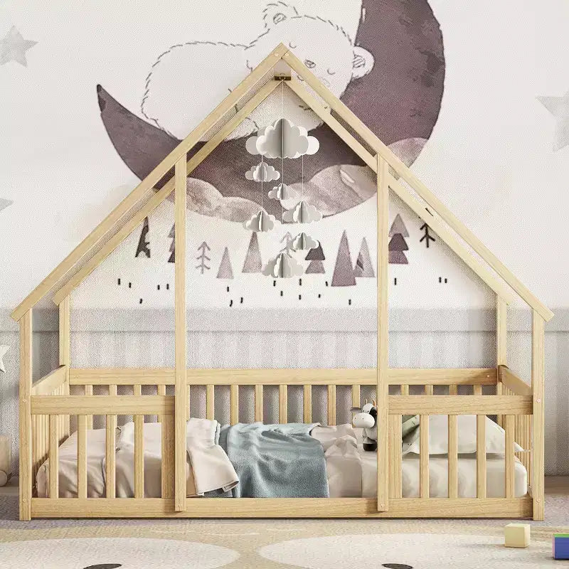 Zeus & Ruta Full Wood House-Shaped Floor Bed with Fence, Guardrails