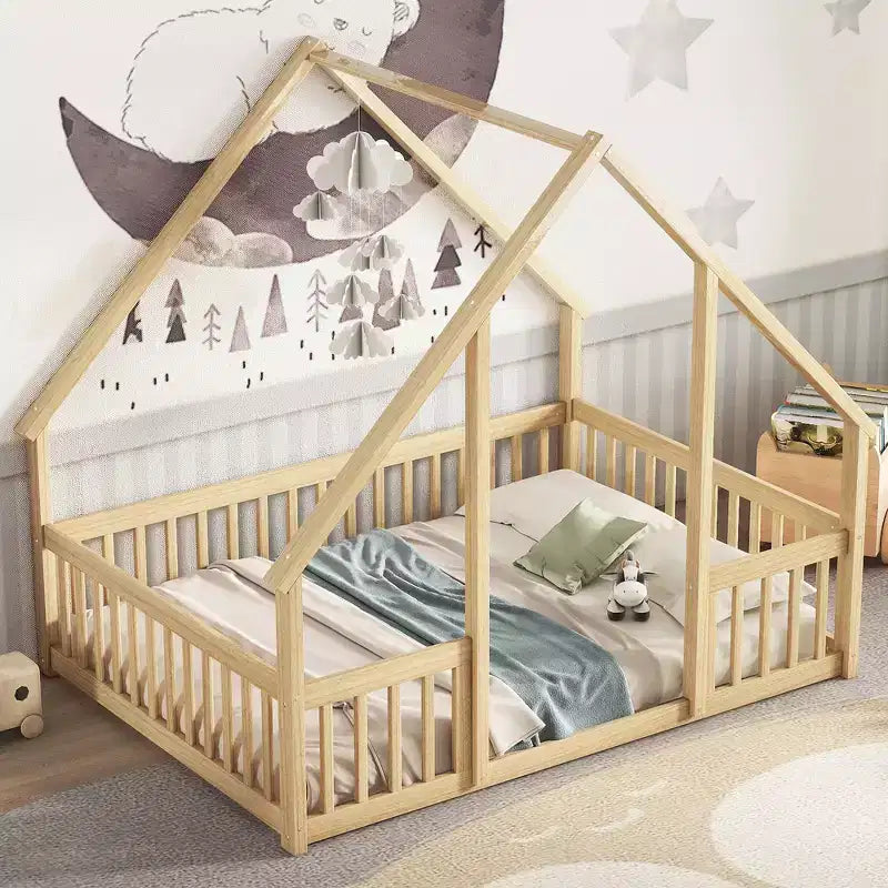 Zeus & Ruta Full Wood House-Shaped Floor Bed with Fence, Guardrails
