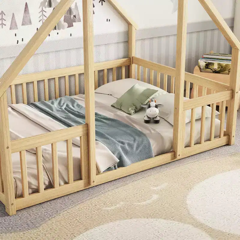 Zeus & Ruta Full Wood House-Shaped Floor Bed with Fence, Guardrails
