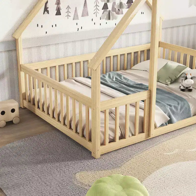 Zeus & Ruta Full Wood House-Shaped Floor Bed with Fence, Guardrails