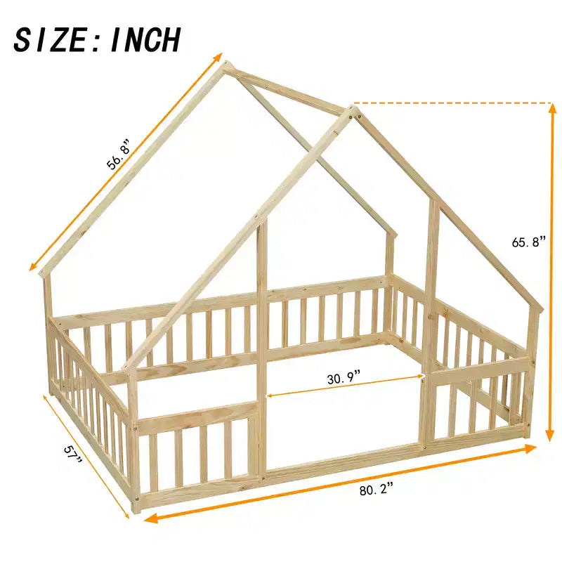 Zeus & Ruta Full Wood House-Shaped Floor Bed with Fence, Guardrails