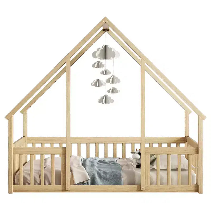 Zeus & Ruta Full Wood House-Shaped Floor Bed with Fence, Guardrails
