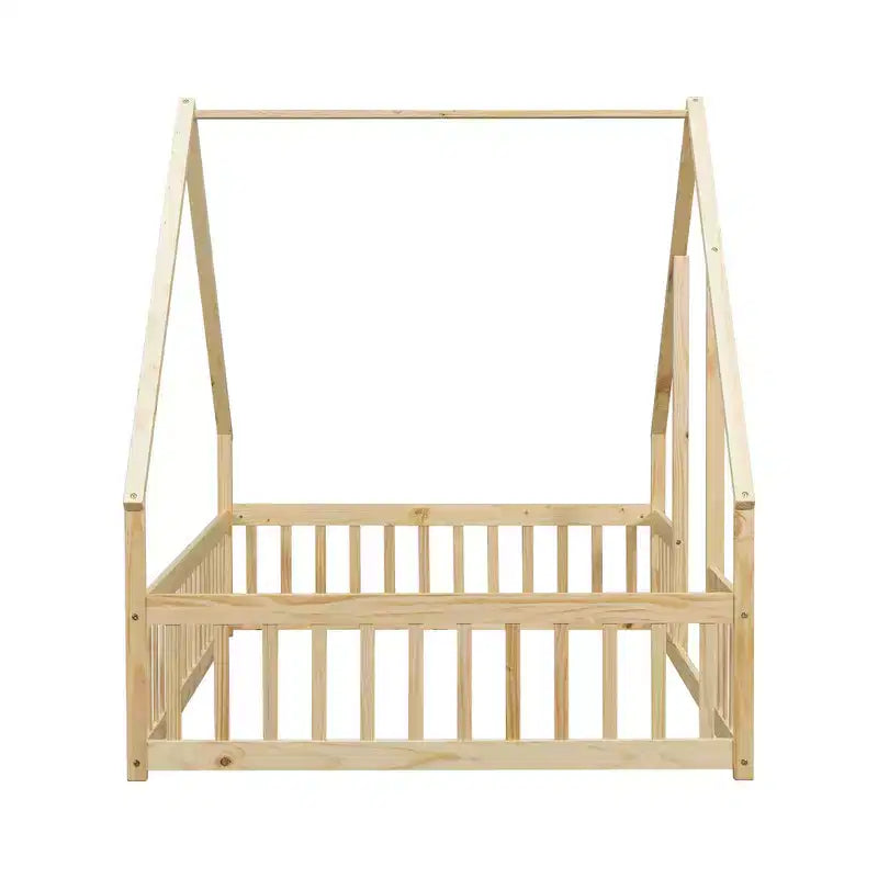 Zeus & Ruta Full Wood House-Shaped Floor Bed with Fence, Guardrails