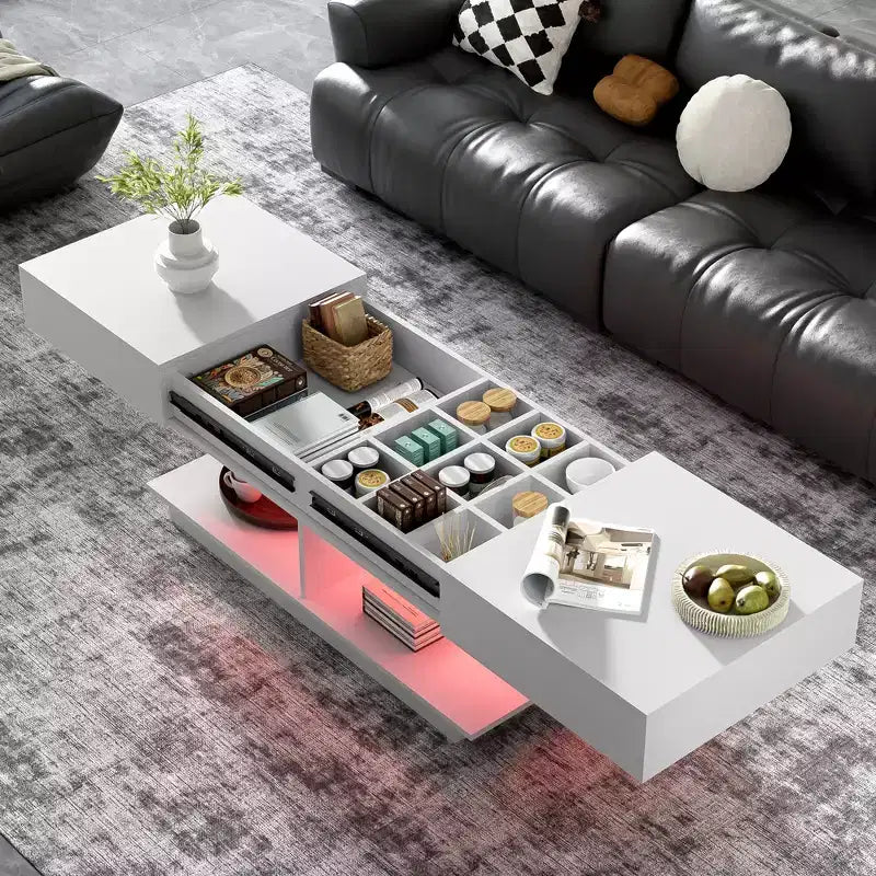 Modern Extendable Coffee Table with Storage, Adjustable Rectangle Center Table with Hidden Space for Living Room