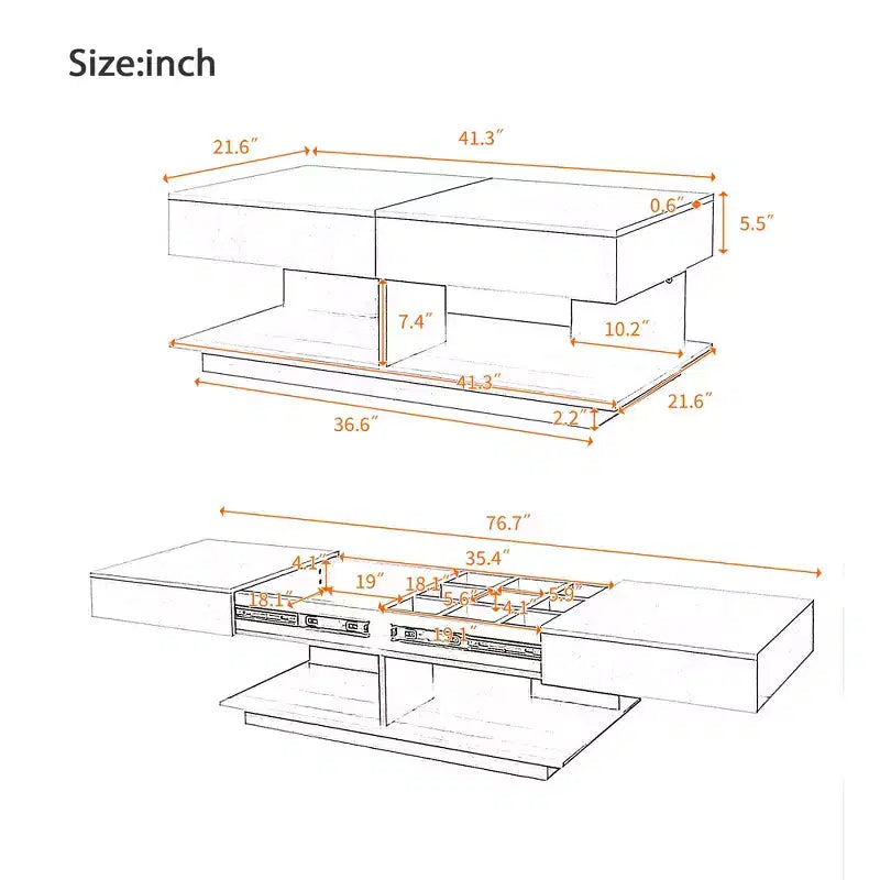 Modern Extendable Coffee Table with Storage, Adjustable Rectangle Center Table with Hidden Space for Living Room