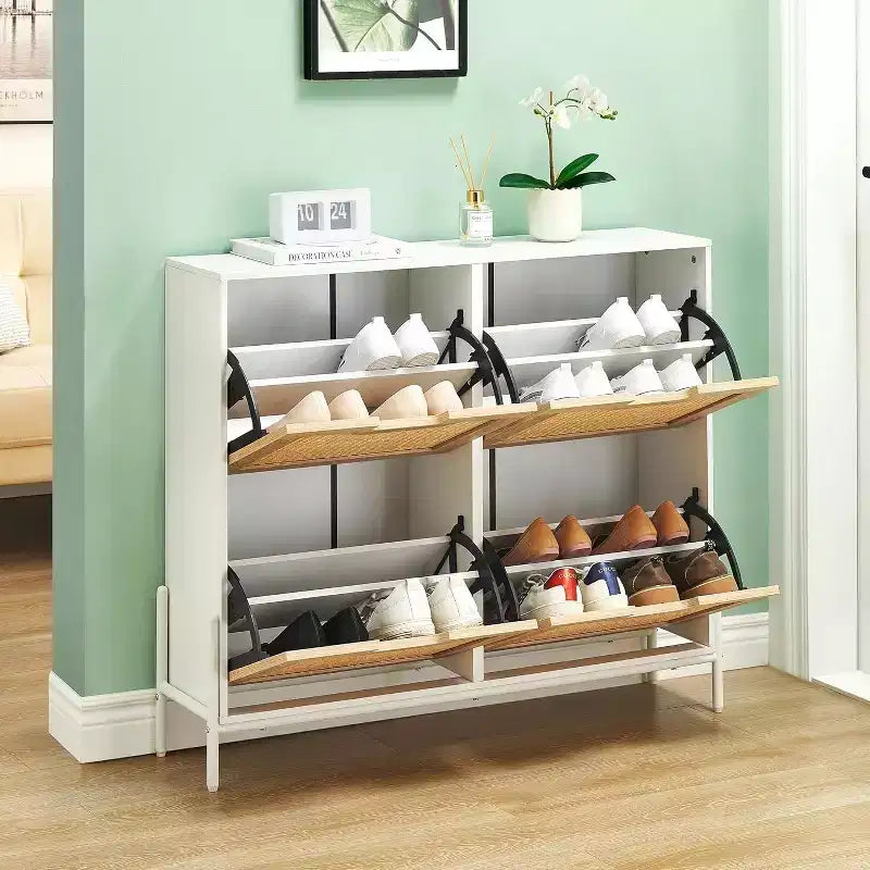 Rattan Shoe Cabinet Organizer for Entryway with 4 Doors, Adjustable Shelves,Holds 20 Pairs, Modern Storage Furniture, Spacious Storage Capacity