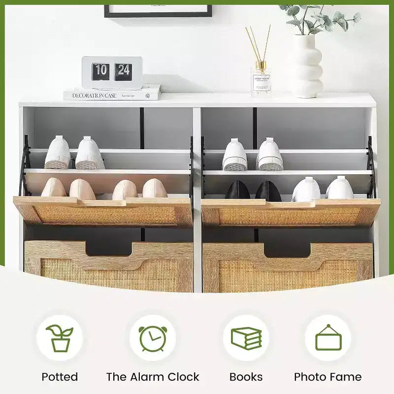 Rattan Shoe Cabinet Organizer for Entryway with 4 Doors, Adjustable Shelves,Holds 20 Pairs, Modern Storage Furniture, Spacious Storage Capacity