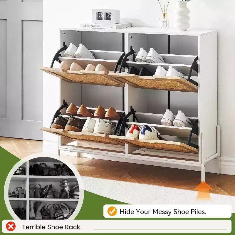 Rattan Shoe Cabinet Organizer for Entryway with 4 Doors, Adjustable Shelves,Holds 20 Pairs, Modern Storage Furniture, Spacious Storage Capacity