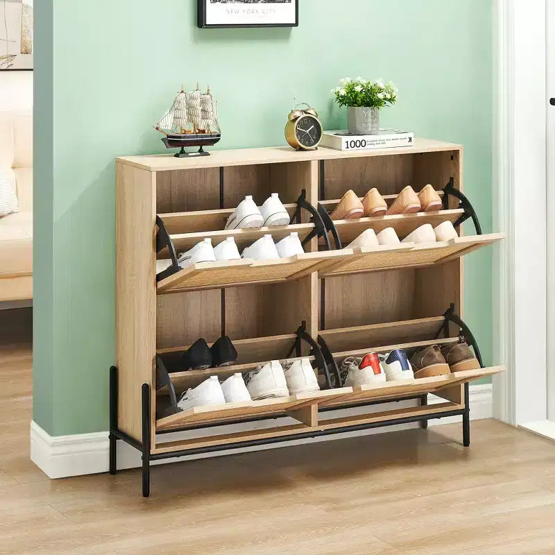 Rattan Shoe Cabinet Organizer for Entryway with 4 Doors, Adjustable Shelves,Holds 20 Pairs, Modern Storage Furniture, Spacious Storage Capacity