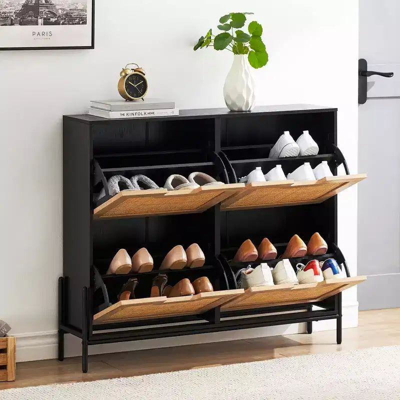 Rattan Shoe Cabinet Organizer for Entryway with 4 Doors, Adjustable Shelves,Holds 20 Pairs, Modern Storage Furniture, Spacious Storage Capacity