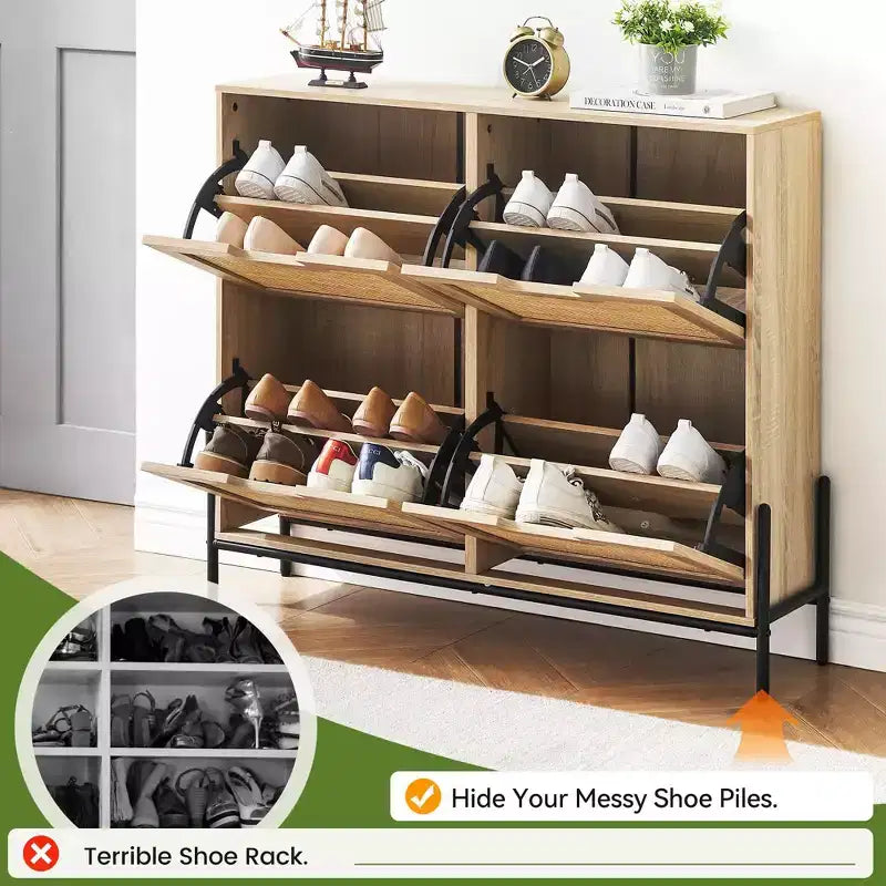 Rattan Shoe Cabinet Organizer for Entryway with 4 Doors, Adjustable Shelves,Holds 20 Pairs, Modern Storage Furniture, Spacious Storage Capacity