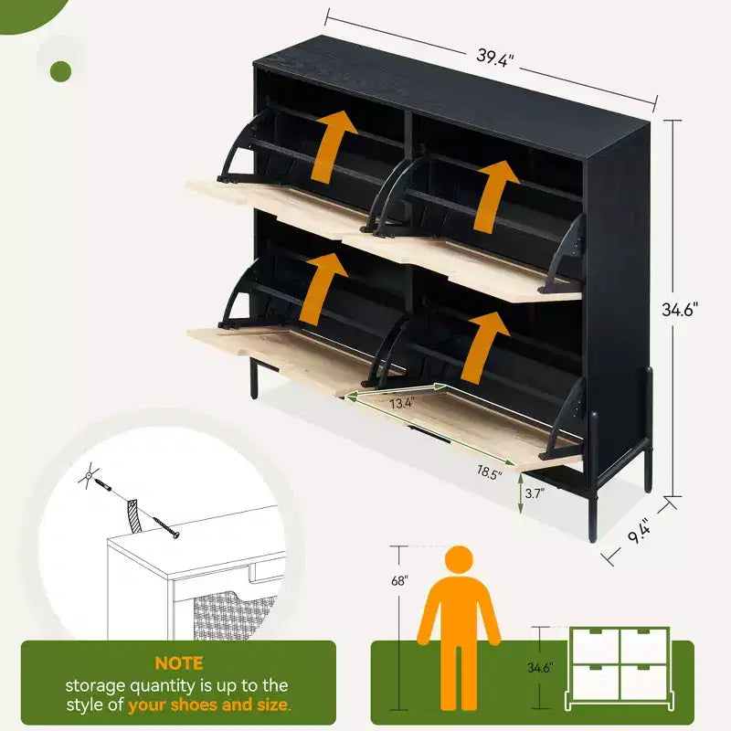 Rattan Shoe Cabinet Organizer for Entryway with 4 Doors, Adjustable Shelves,Holds 20 Pairs, Modern Storage Furniture, Spacious Storage Capacity