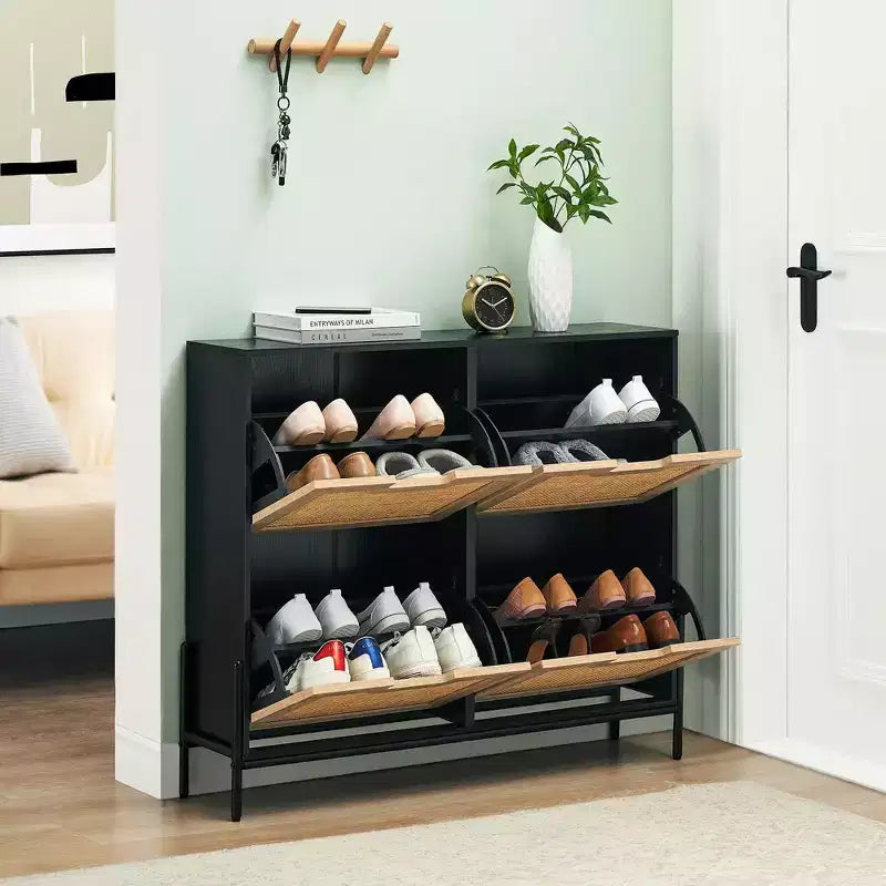 Rattan Shoe Cabinet Organizer for Entryway with 4 Doors, Adjustable Shelves,Holds 20 Pairs, Modern Storage Furniture, Spacious Storage Capacity