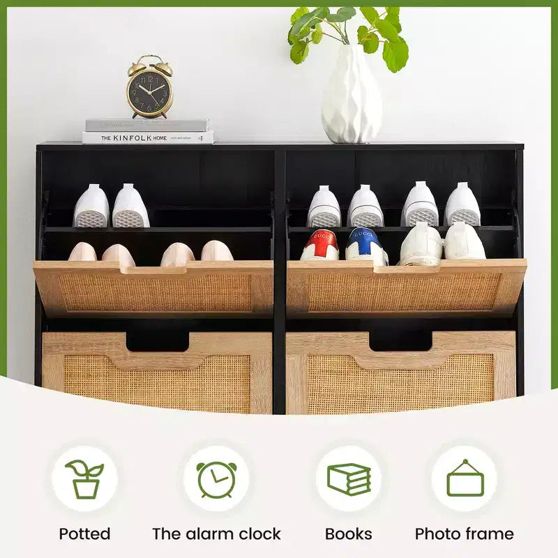 Rattan Shoe Cabinet Organizer for Entryway with 4 Doors, Adjustable Shelves,Holds 20 Pairs, Modern Storage Furniture, Spacious Storage Capacity