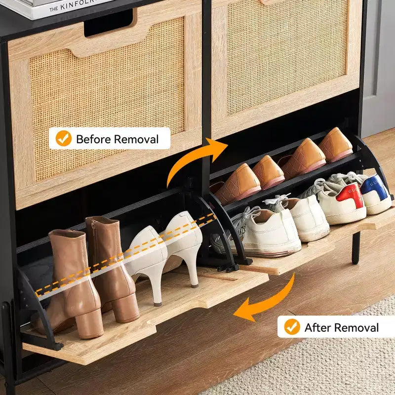 Rattan Shoe Cabinet Organizer for Entryway with 4 Doors, Adjustable Shelves,Holds 20 Pairs, Modern Storage Furniture, Spacious Storage Capacity