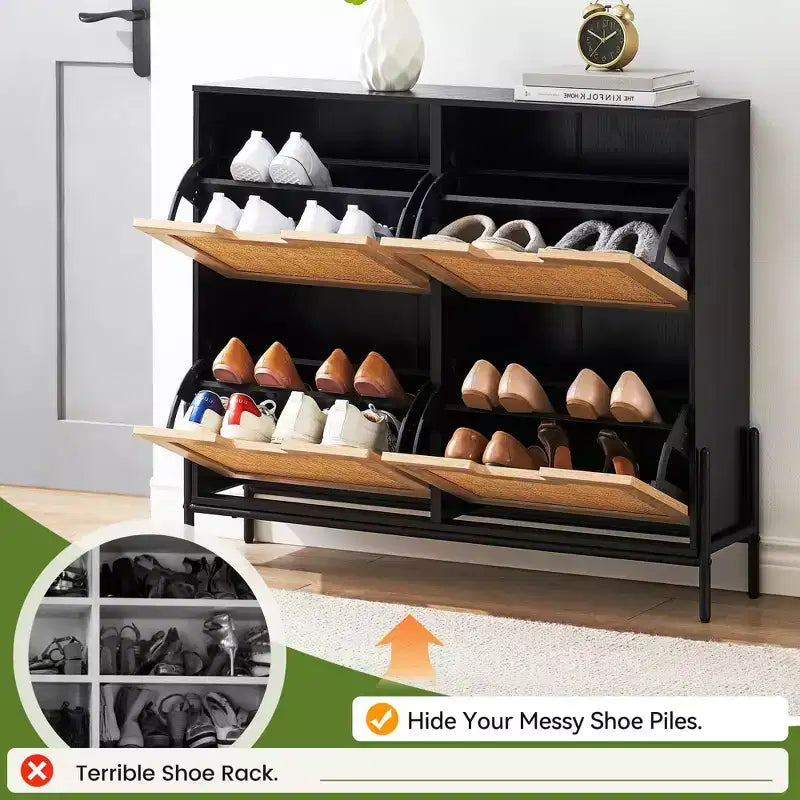 Rattan Shoe Cabinet Organizer for Entryway with 4 Doors, Adjustable Shelves,Holds 20 Pairs, Modern Storage Furniture, Spacious Storage Capacity