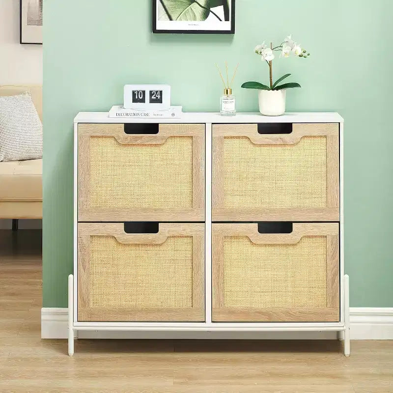 Rattan Shoe Cabinet Organizer for Entryway with 4 Doors, Adjustable Shelves,Holds 20 Pairs, Modern Storage Furniture, Spacious Storage Capacity