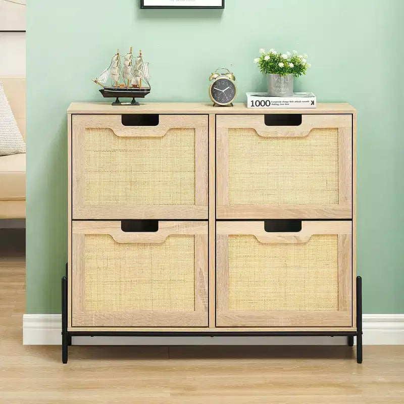 Rattan Shoe Cabinet Organizer for Entryway with 4 Doors, Adjustable Shelves,Holds 20 Pairs, Modern Storage Furniture, Spacious Storage Capacity