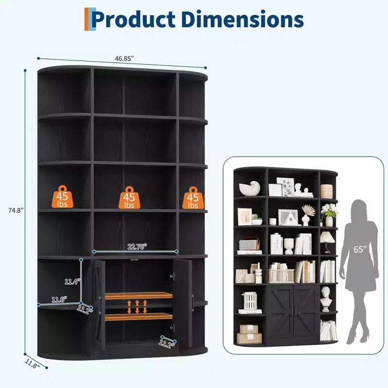 75in Tall Bookcase, 6 Tier Wooden Book Shelf 47 Wide Farmhouse Display Bookshelf Storage Cabinet with Doors and Open Shelves for Living Room Bedroom