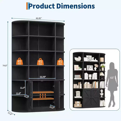 75in Tall Bookcase, 6 Tier Wooden Book Shelf 47 Wide Farmhouse Display Bookshelf Storage Cabinet with Doors and Open Shelves for Living Room Bedroom