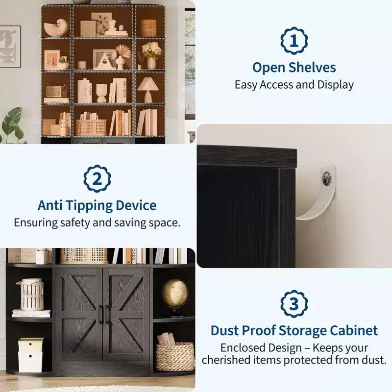 75in Tall Bookcase, 6 Tier Wooden Book Shelf 47 Wide Farmhouse Display Bookshelf Storage Cabinet with Doors and Open Shelves for Living Room Bedroom
