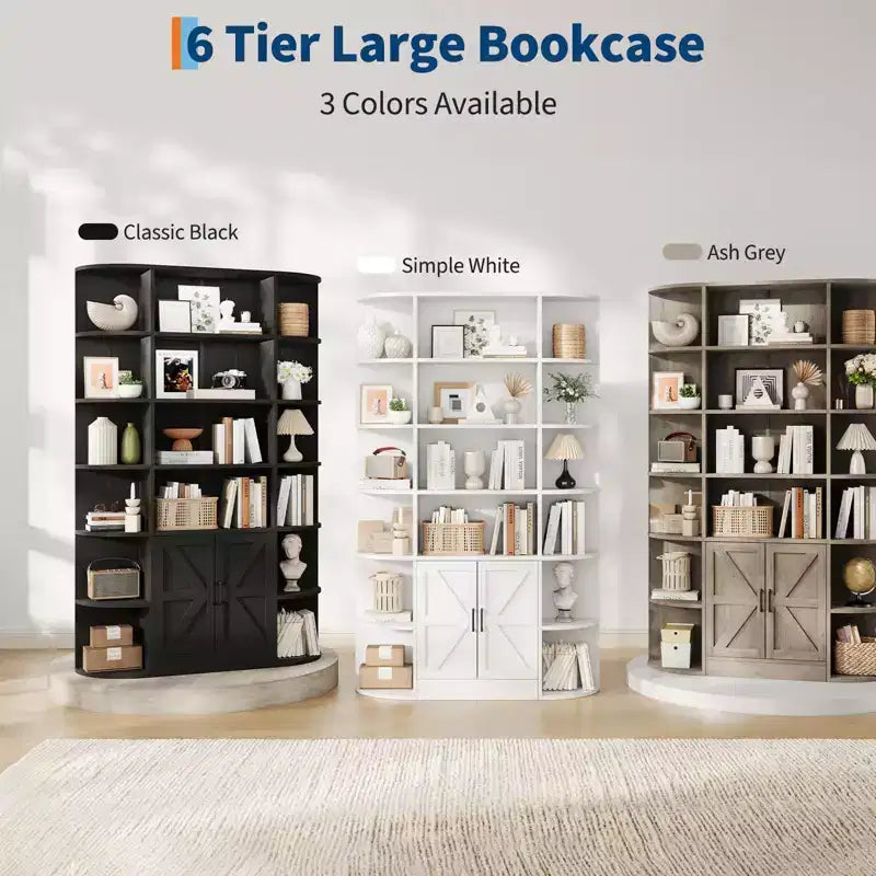 75in Tall Bookcase, 6 Tier Wooden Book Shelf 47 Wide Farmhouse Display Bookshelf Storage Cabinet with Doors and Open Shelves for Living Room Bedroom