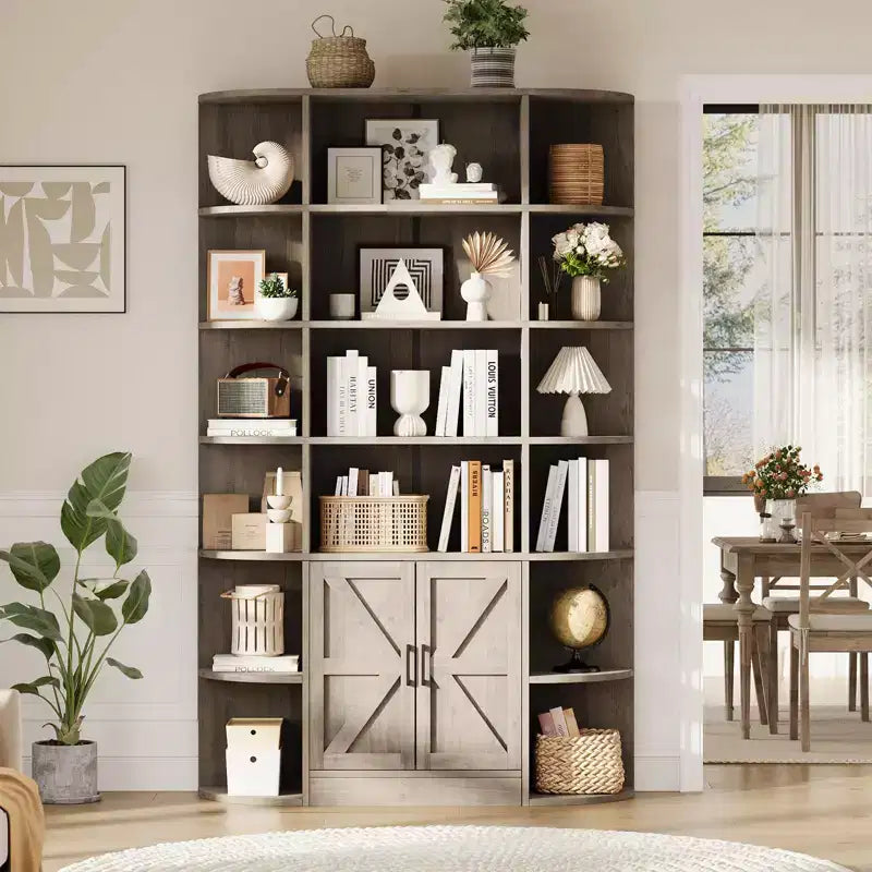 75in Tall Bookcase, 6 Tier Wooden Book Shelf 47 Wide Farmhouse Display Bookshelf Storage Cabinet with Doors and Open Shelves for Living Room Bedroom