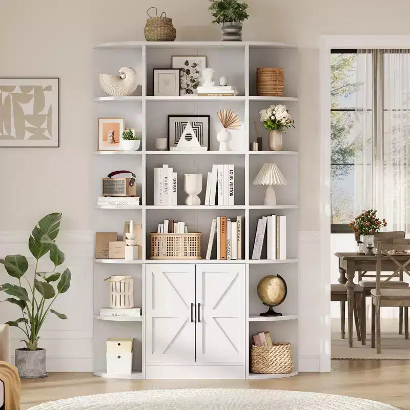 75in Tall Bookcase, 6 Tier Wooden Book Shelf 47 Wide Farmhouse Display Bookshelf Storage Cabinet with Doors and Open Shelves for Living Room Bedroom