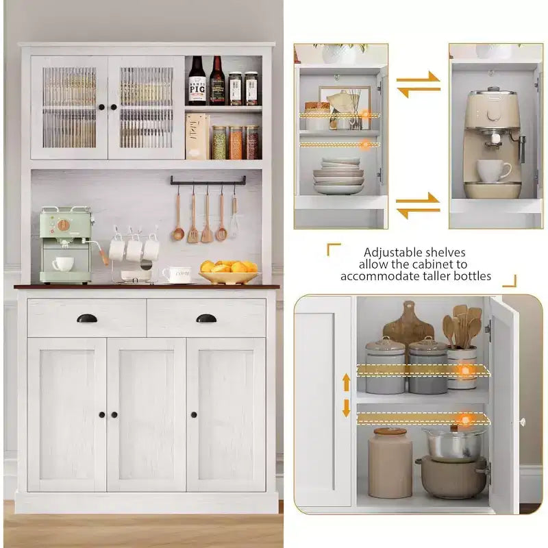 71 Tall Freestanding Pantry Cabinet with Microwave Stand, Drawers & Adjustable Shelves, Farmhouse Kitchen Hutch Storage Cabinet for Home
