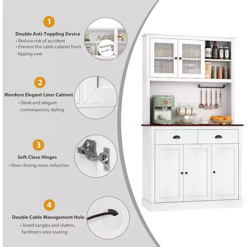 71 Tall Freestanding Pantry Cabinet with Microwave Stand, Drawers & Adjustable Shelves, Farmhouse Kitchen Hutch Storage Cabinet for Home