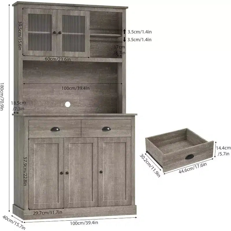 71 Tall Freestanding Pantry Cabinet with Microwave Stand, Drawers & Adjustable Shelves, Farmhouse Kitchen Hutch Storage Cabinet for Home