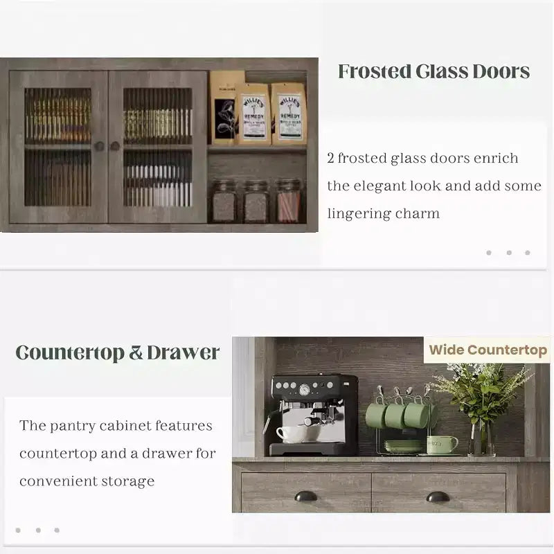 71 Tall Freestanding Pantry Cabinet with Microwave Stand, Drawers & Adjustable Shelves, Farmhouse Kitchen Hutch Storage Cabinet for Home