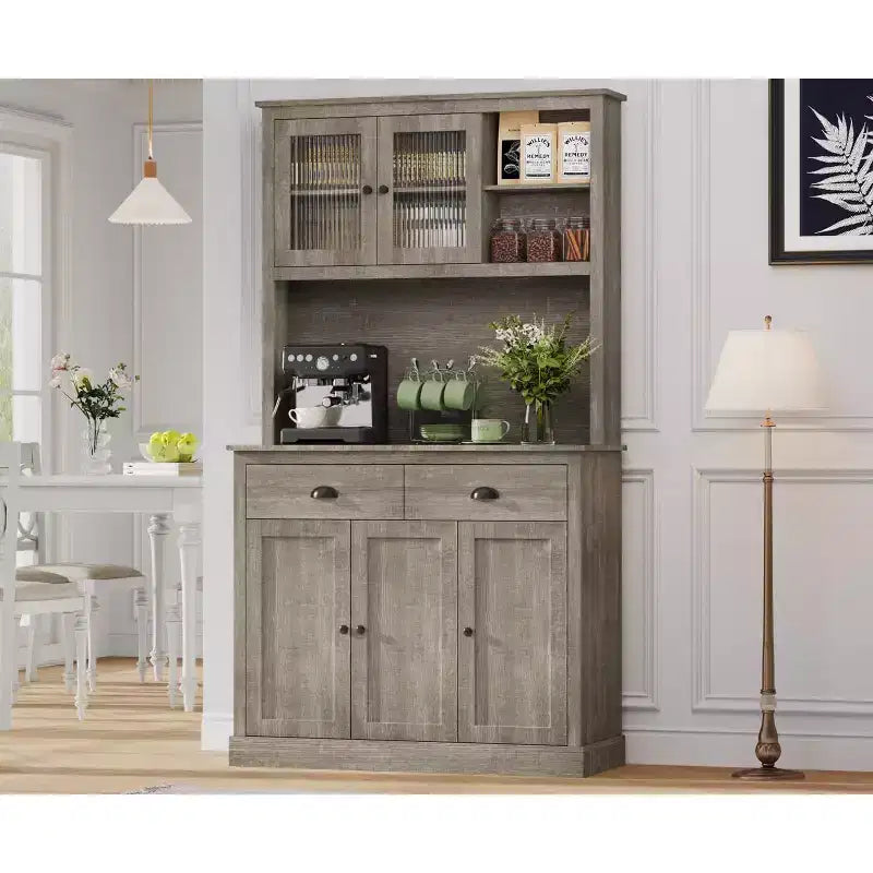 71 Tall Freestanding Pantry Cabinet with Microwave Stand, Drawers & Adjustable Shelves, Farmhouse Kitchen Hutch Storage Cabinet for Home