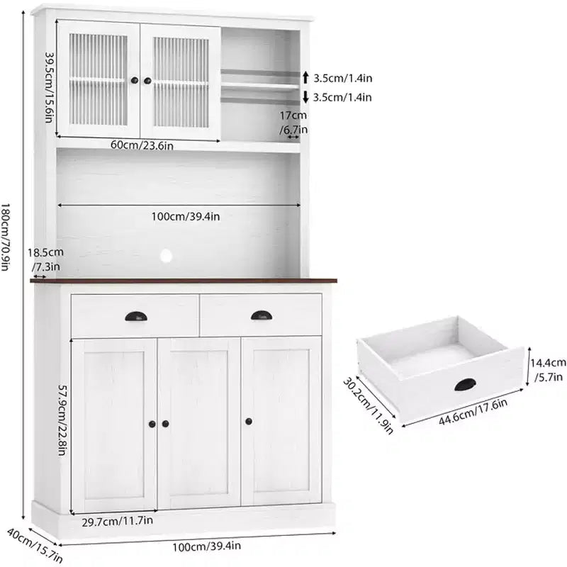 71 Tall Freestanding Pantry Cabinet with Microwave Stand, Drawers & Adjustable Shelves, Farmhouse Kitchen Hutch Storage Cabinet for Home