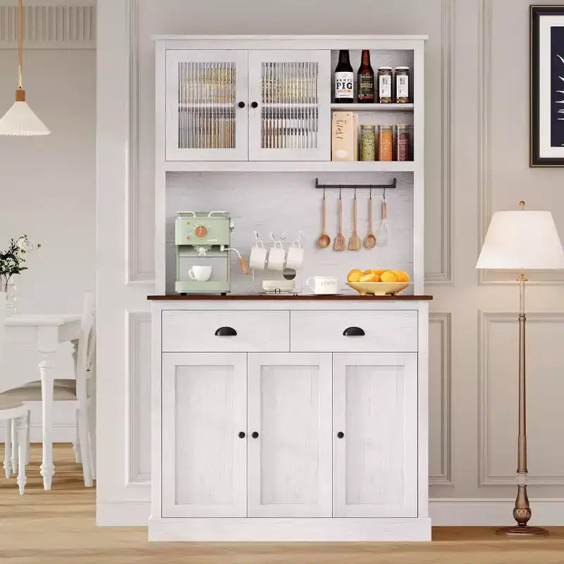 71 Tall Freestanding Pantry Cabinet with Microwave Stand, Drawers & Adjustable Shelves, Farmhouse Kitchen Hutch Storage Cabinet for Home