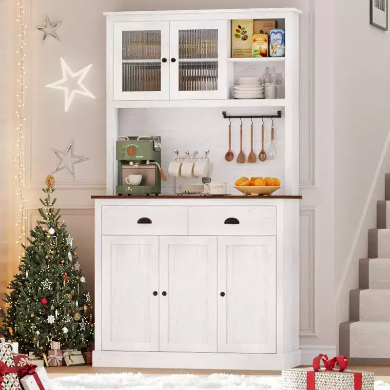 71 Tall Freestanding Pantry Cabinet with Microwave Stand, Drawers & Adjustable Shelves, Farmhouse Kitchen Hutch Storage Cabinet for Home