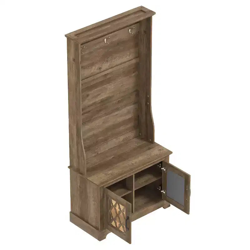 GALANO Hall Tree with Bench and Mirror Door Storage in Knotty Oak 31.3 W x 15.7 D x 68.3 H