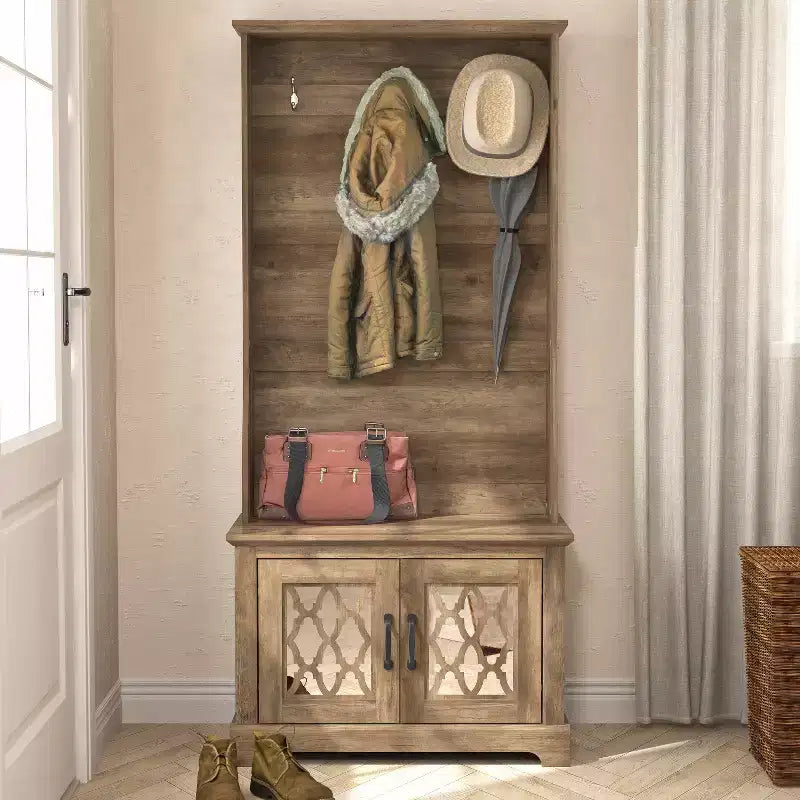 GALANO Hall Tree with Bench and Mirror Door Storage in Knotty Oak 31.3 W x 15.7 D x 68.3 H
