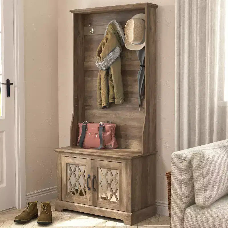 GALANO Hall Tree with Bench and Mirror Door Storage in Knotty Oak 31.3 W x 15.7 D x 68.3 H