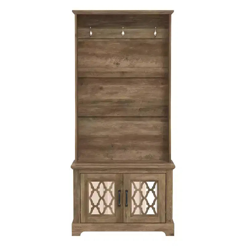 GALANO Hall Tree with Bench and Mirror Door Storage in Knotty Oak 31.3 W x 15.7 D x 68.3 H