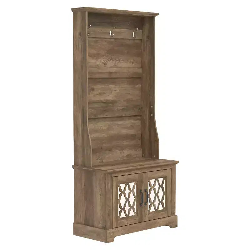 GALANO Hall Tree with Bench and Mirror Door Storage in Knotty Oak 31.3 W x 15.7 D x 68.3 H