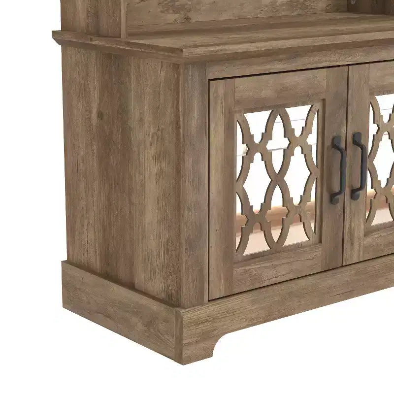 GALANO Hall Tree with Bench and Mirror Door Storage in Knotty Oak 31.3 W x 15.7 D x 68.3 H