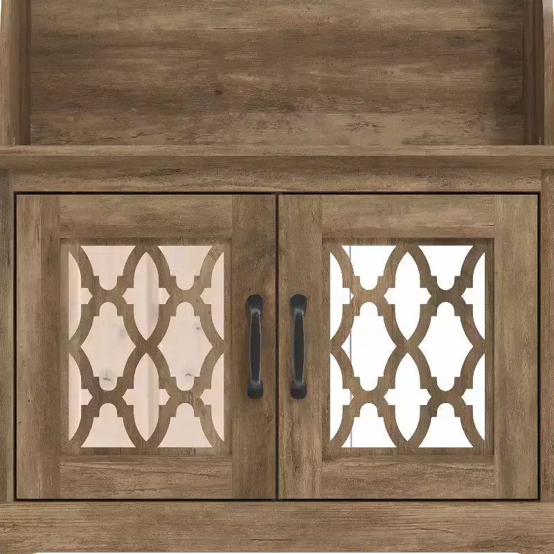 GALANO Hall Tree with Bench and Mirror Door Storage in Knotty Oak 31.3 W x 15.7 D x 68.3 H